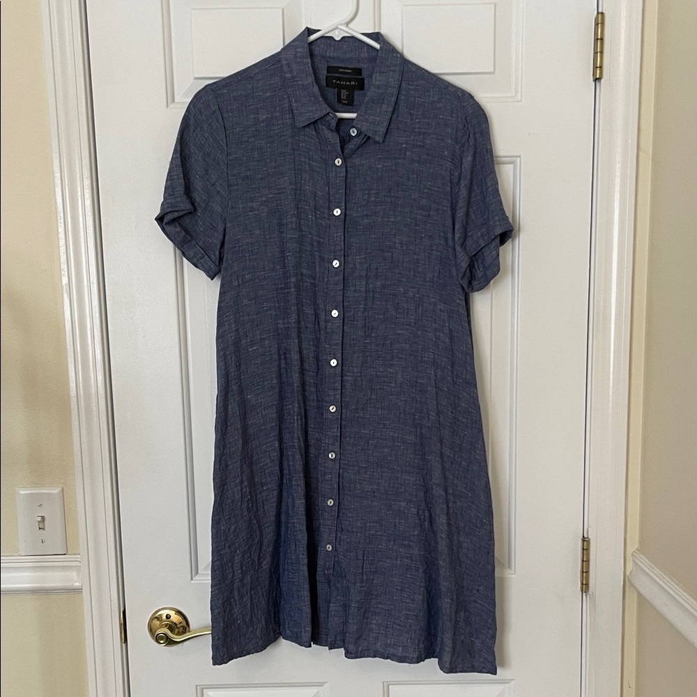 Tahari Blue Linen Button-Up Dress, M